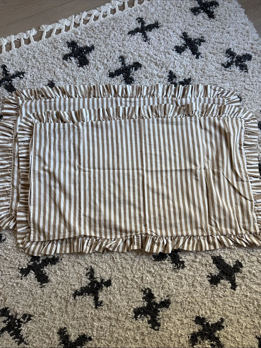 Striped Ruffle Pillow Sham - Cream and Tan King size